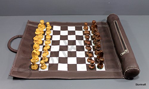 StonKraft 19' x 15' (tamaño del tablero de ajedrez 12' x 12') Juego de ajedrez de cuero genuino enrollable con piezas de ajedrez...