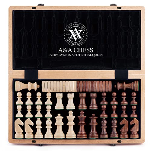 A&A Juego de ajedrez y Damas Plegable de Madera 38cm / Piezas de ajedrez Staunton de 7,6cm de Altura de Rey - Caja de Haya con...
