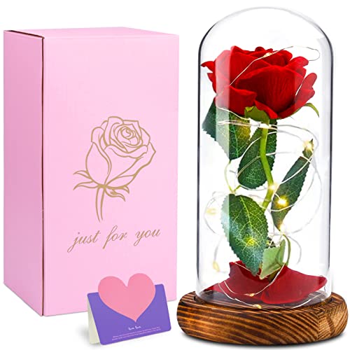 Kit de Rosas,La Bella y La Bestia Rosa Encantada,Elegante Cúpula de Cristal con Base Pino Luces LED,Beauty and Regalos Magicos...