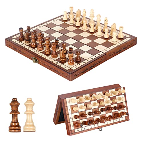 Syrace Juego de ajedrez magnético, juego de mesa, plegable, de madera, hecho a mano, portátil, juego de mesa de ajedrez con piezas de juego y ranuras de almacenamiento
