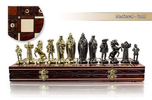 Juego de ajedrez Medieval Cromado Tablero de ajedrez de Madera de 16 'con Adornos y Piezas de plástico Cromado lastradas ... (Oro...