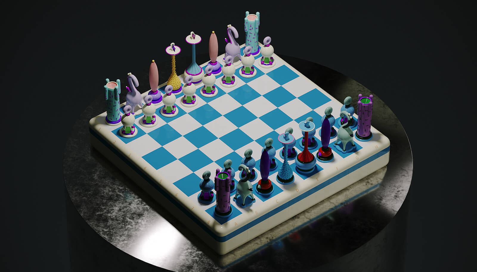 Los relajantes tonos pasteles y azules del juego de ajedrez evocan tranquilidad y creatividad en cada movimiento.Imagen: Cortesía de Taras Yoom