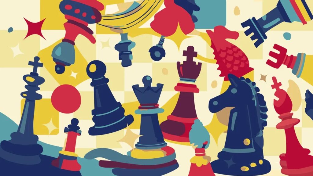 Ilustración de cinco formas de explorar el ajedrez durante el campeonato mundial de a ajedrez