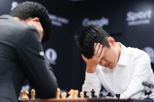 Ilustración de campeonato del mundo de la fide, partida 11 ding colapsa bajo presión  ajedrez