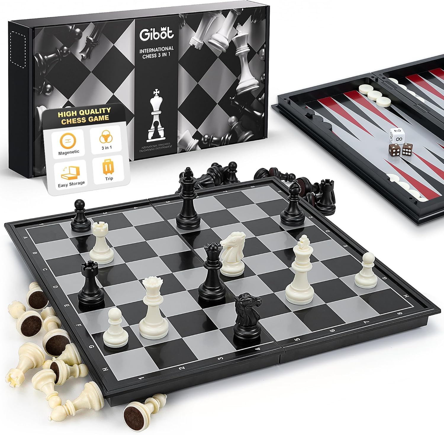 Gibot Ajedrez Magnetico, 3 en 1 Juego de Tablero Ajedrez Damas y Backgammon