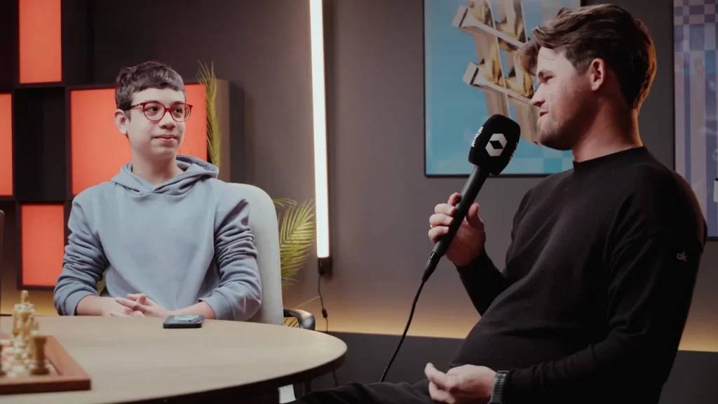 Ilustración de magnus carlsen le dice a faustino oro un día, messi tendr? suerte de s ajedrez