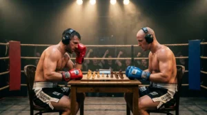 Jugadores de Ajedrez 119 Dos peleadores de Chess Boxing disputando una partida de ajedrez en el ring con guantes y auriculares