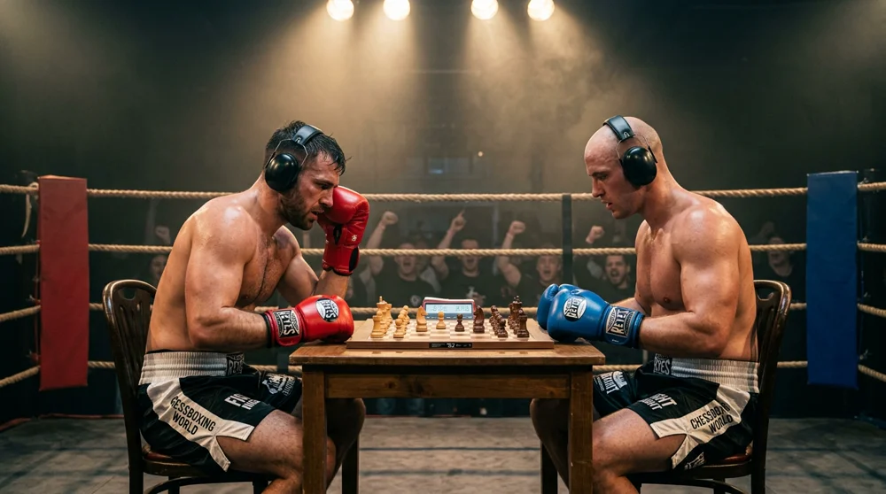 Chess Boxing (Ajedrez Boxeo): Qué Es, Reglas Oficiales, Asaltos y Cómo Ganar 1 Dos peleadores de Chess Boxing disputando una partida de ajedrez en el ring con guantes y auriculares