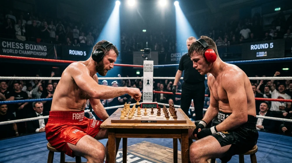 Chess Boxing (Ajedrez Boxeo): Qué Es, Reglas Oficiales, Asaltos y Cómo Ganar 2 Dos boxeadores profesionales jugando ajedrez con auriculares de aislamiento en el ring durante un combate oficial de Chess Boxing