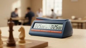 Reloj digital de ajedrez en mesa de torneo con piezas de madera y desenfoque de fondo