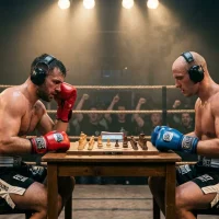 Dos peleadores de Chess Boxing disputando una partida de ajedrez en el ring con guantes y auriculares