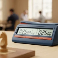 Reloj digital de ajedrez en mesa de torneo con piezas de madera y desenfoque de fondo